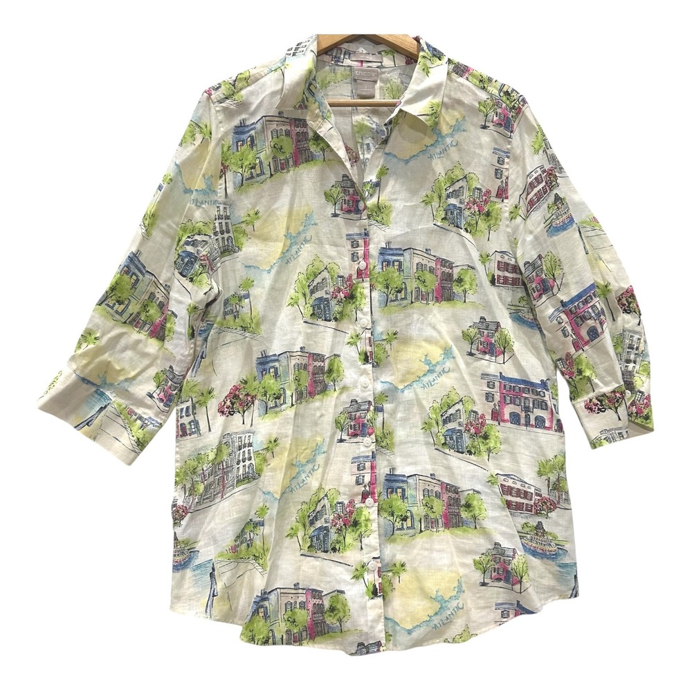 Chicos No Iron Linen Shirt Womens 3 16/18 Coastal Town Print 3/4 Sleeve Top
